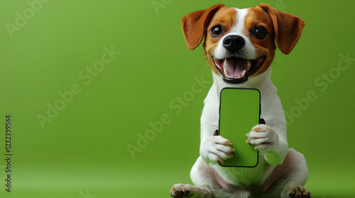 Cute dog holds a smartphone...