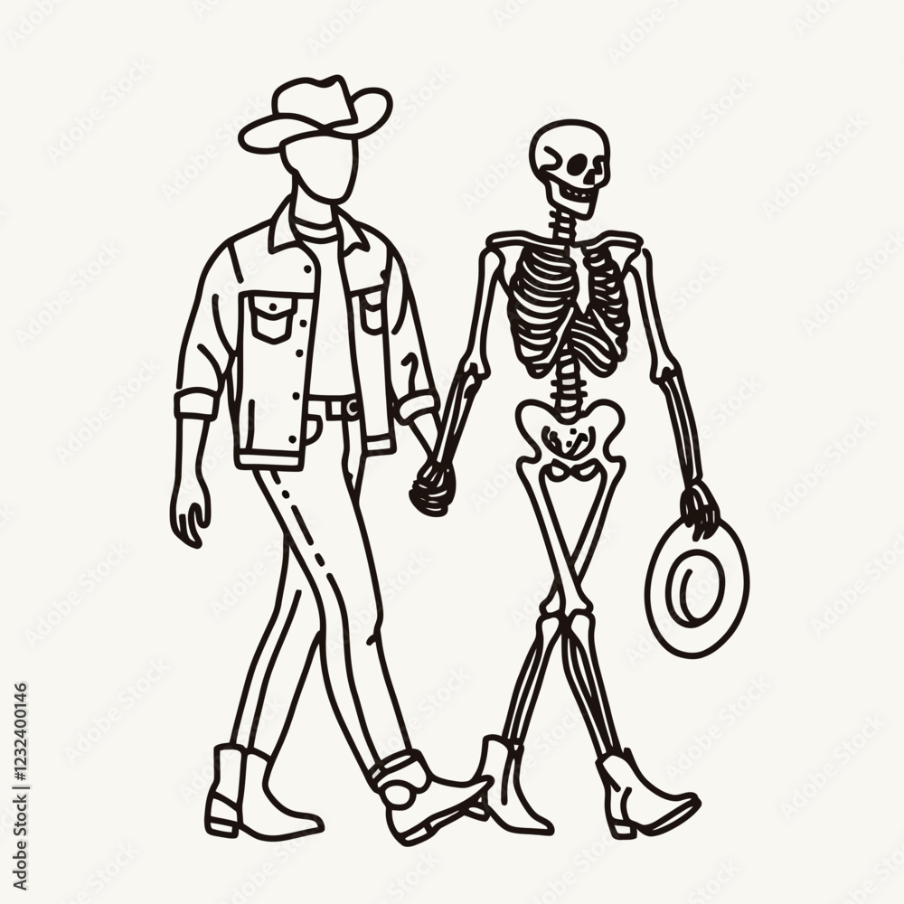 A whimsical illustration of a cowboy and a skeleton walking hand-in-hand, showcasing a unique blend of life and death in a playful manner. A whimsical illustration of a cowboy and a skeleton walking hand-in-hand, showcasing a unique blend of life and death in a playful manner.