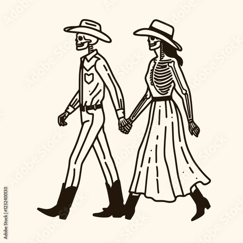 A whimsical illustration of two skeletons in cowboy attire walking hand in hand, embodying a playful take on life and death.