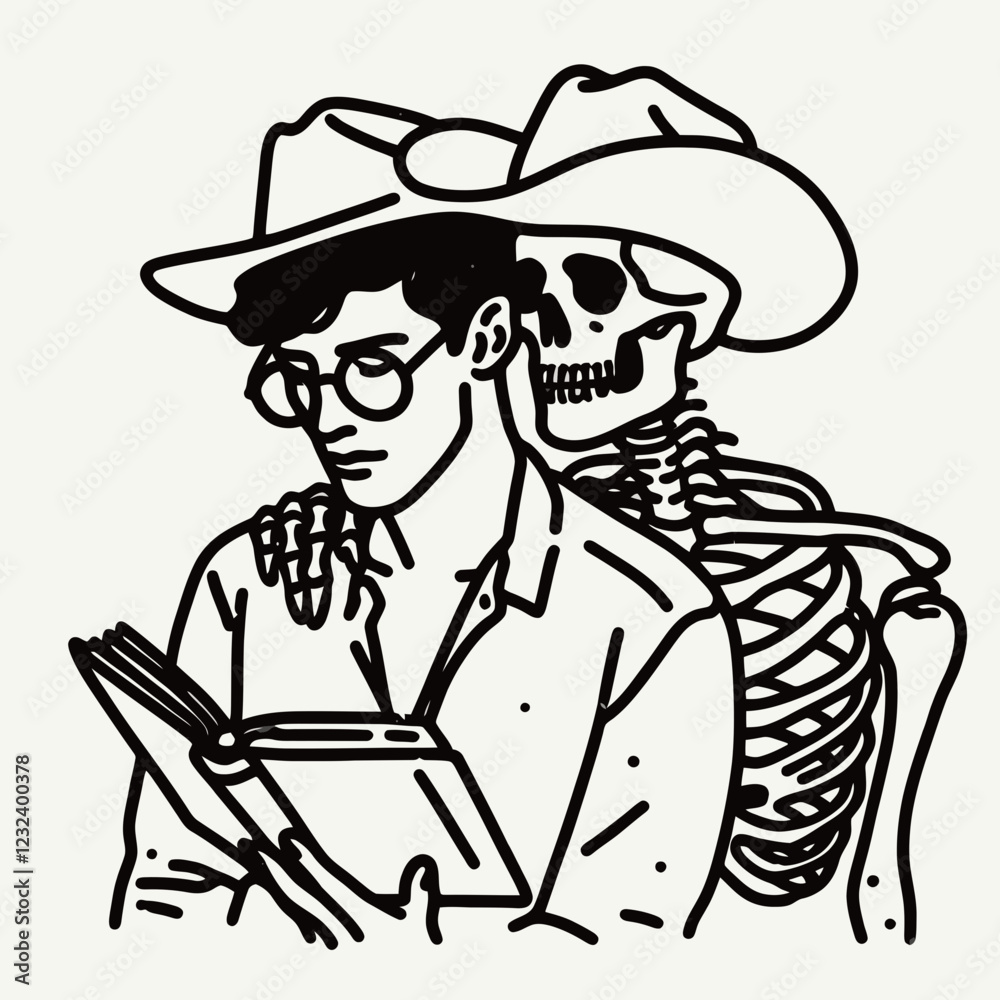 Obraz premium A whimsical illustration featuring a bespectacled man reading a book while a skeleton in a cowboy hat playfully embraces him from behind.