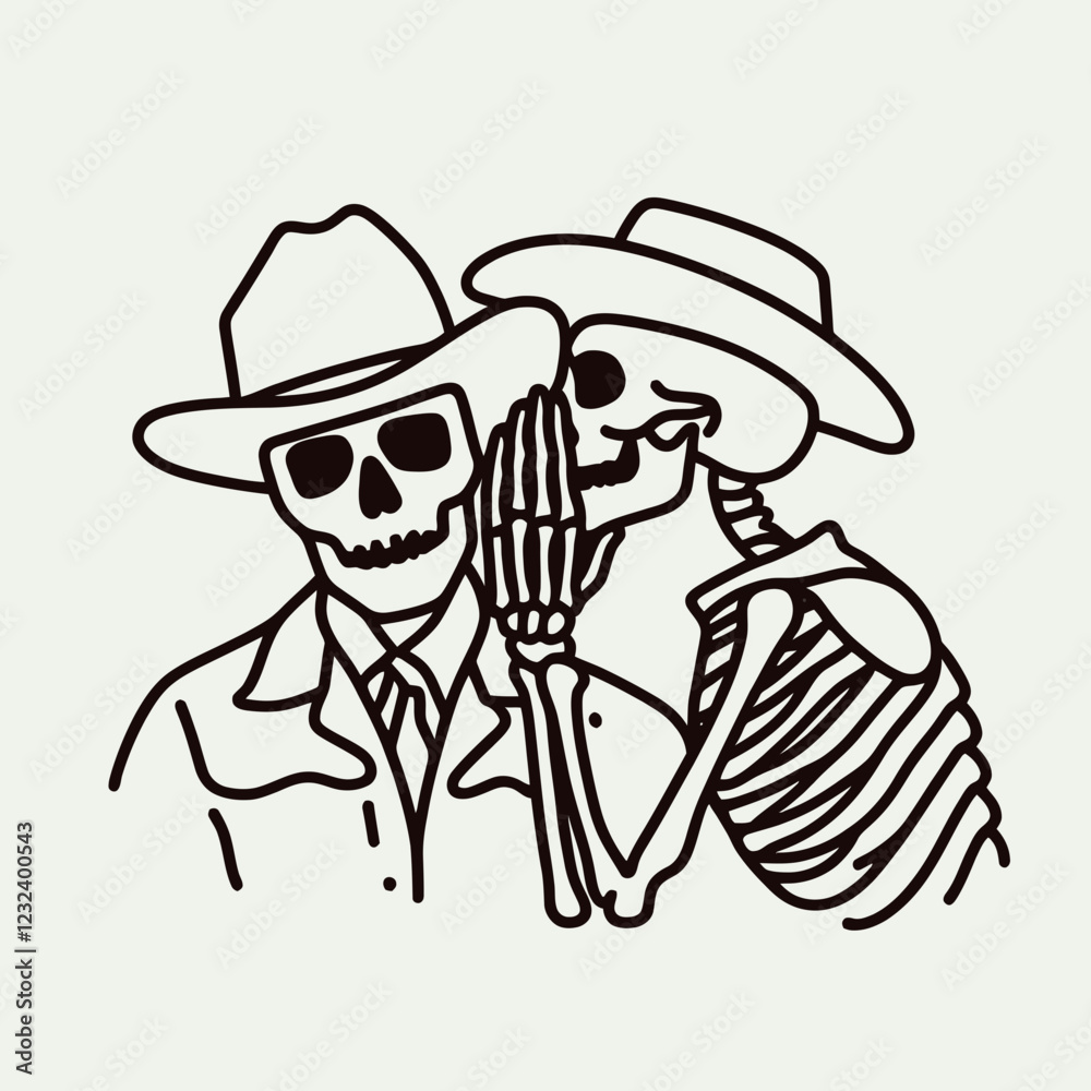 A playful illustration of a cowboy and a skeleton, sharing a secret, highlighting themes of humor and Halloween. A playful illustration of a cowboy and a skeleton, sharing a secret, highlighting themes of humor and Halloween.
