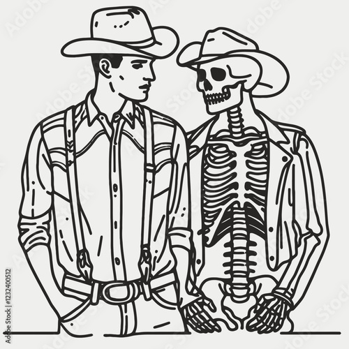 Wallpaper Mural A cowboy and a skeleton, both wearing hats and western attire, stand side by side, creating a humorous contrast between life and death. Torontodigital.ca