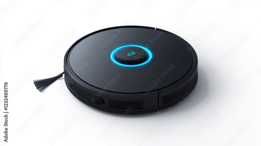A robotic vacuum cleaner docked at its charging station, placed on a white background, highlighting smart home automation. A robotic vacuum cleaner docked at its charging station, placed on a white background, highlighting smart home automation.
