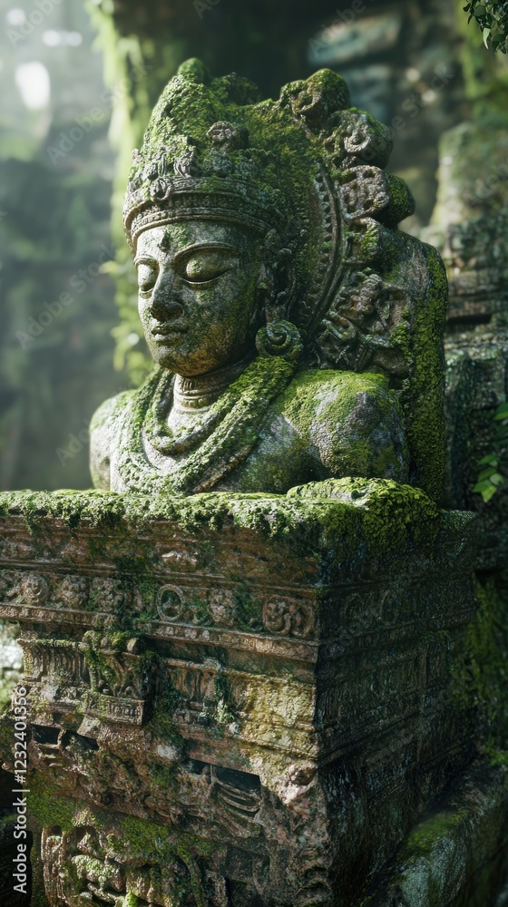 Ancient moss-covered stone statue, intricately carved, lost in time and nature's embrace Ancient moss-covered stone statue, intricately carved, lost in time and nature's embrace