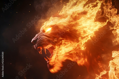 Fiery lion's head engulfed in flames, symbolizing raw power, energy, and primal emotion photo