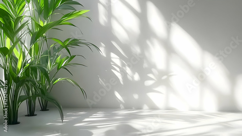Green Plant Casts Shadows on White Wall and Floor in Minimalist Room