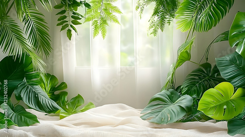 Tropical plants frame a she...