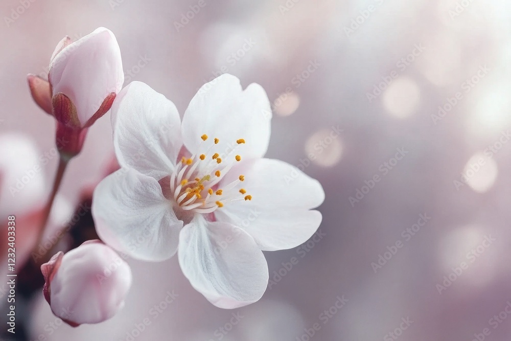 A single cherry blossom in full bloom, surrounded by branches with unopened buds A single cherry blossom in full bloom, surrounded by branches with unopened buds