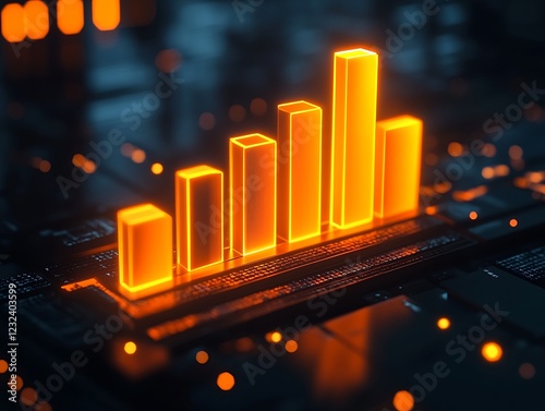 Clean financial services icon featuring a glowing orange bar graph set against a dark background symbolizing financial vitality and success