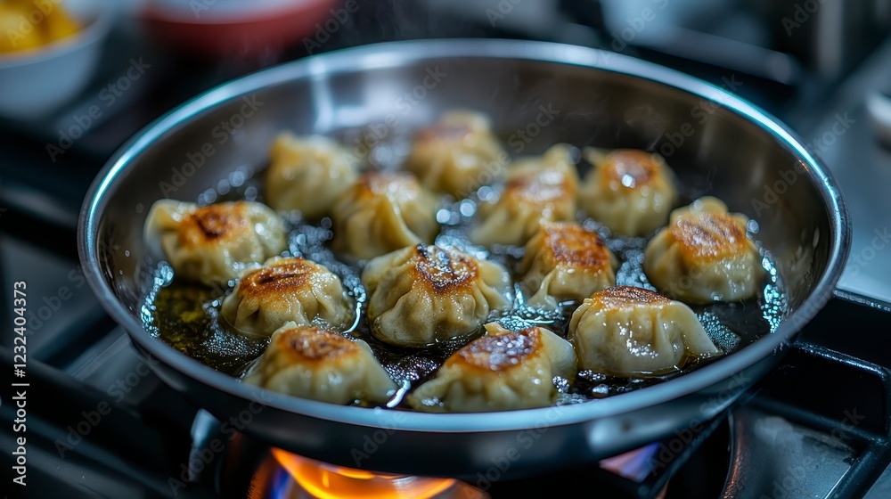 Close up of golden brown dumplings pan frying in a metallic skillet on a gas stove. Steam rises from the dumplings, which are arranged in a circular Close up of golden brown dumplings pan frying in a metallic skillet on a gas stove. Steam rises from the dumplings, which are arranged in a circular
