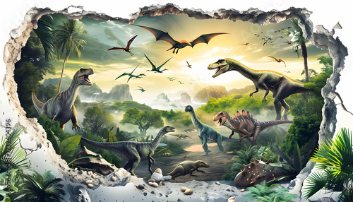 3D Illustration Prehistoric Jungle Scene with Dinosaurs and Pterosaurs