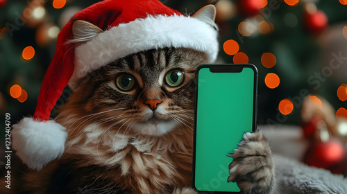 Fluffy Cat in Santa Hat Hol...