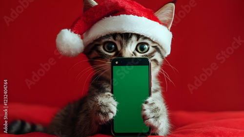 Cute Kitten in Santa Hat Ho...