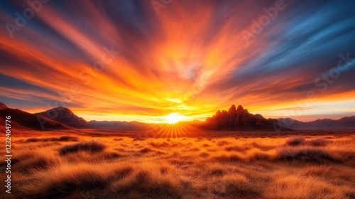 A breathtaking sunset illuminates the desert landscape, with vibrant hues of orange and purple cascading across the sky and terrain, highlighting nature's beauty.