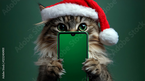 Fluffy Cat in Santa Hat Hol...