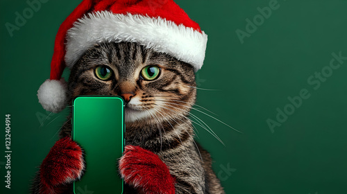 Tabby Cat in Santa Hat Hold...