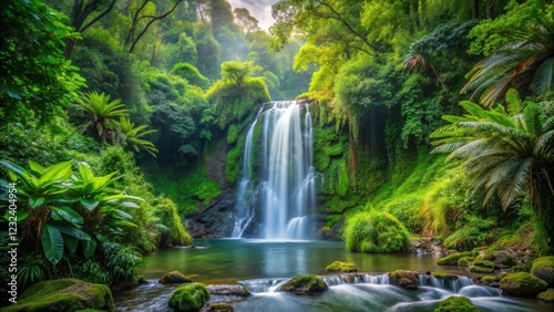 Waterfall Hidden Among Lush Greenery, Dense Forest Surrounds the Scene