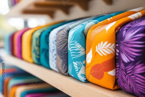 A store shelf overflowing with vibrant fabrics in every shade and pattern imaginable