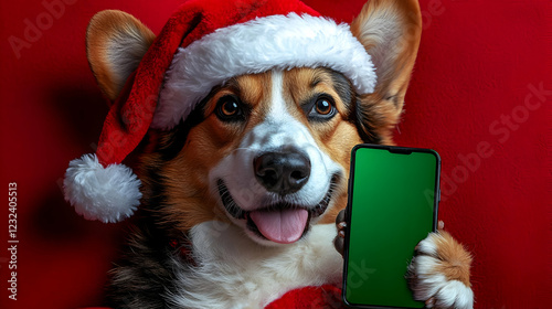 Cute Dog in Santa Hat Holds...
