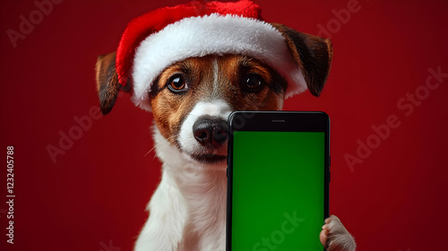 Cute Dog in Santa Hat Holds...