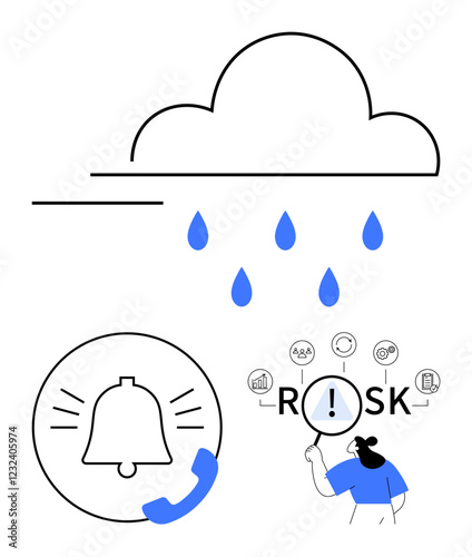 Cloud releasing droplets, warning bell with phone icon, woman with magnifying glass analyzing risk icons. Ideal for security, analytics, emergency alerts, weather, risk strategies, prevention