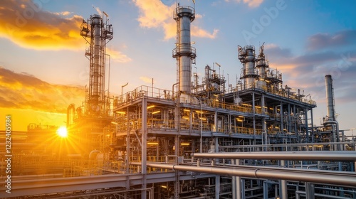 Large oil refinery machinery with pipes, valves, and towers, bathed in warm sunlight photo