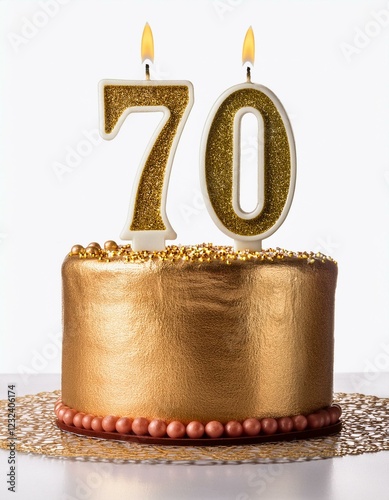 Decorated gold cake for birthday or anniversary party, candle number 70, white background photo