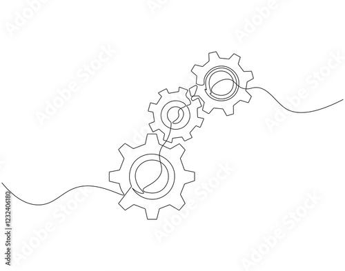 Continuous line drawing of machine gears. Single line illustration of gears wheel. Engine gear, Gear of business teamwork concept. Editable outline