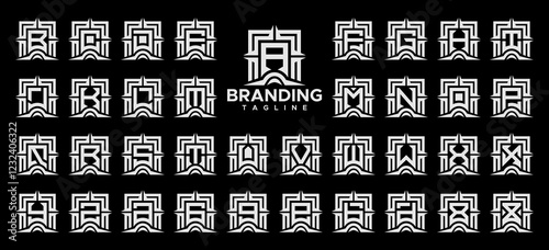Ornate line compass square letter A-Z logo set