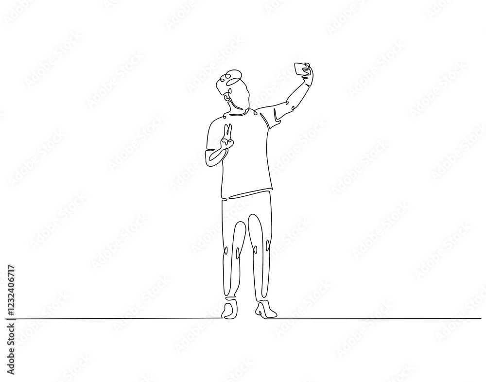 Continuous line drawing of man selfie use smartphone. Single line illustration of man take a selfie. Traveler, lifestyle concept. Editable outline Continuous line drawing of man selfie use smartphone. Single line illustration of man take a selfie. Traveler, lifestyle concept. Editable outline