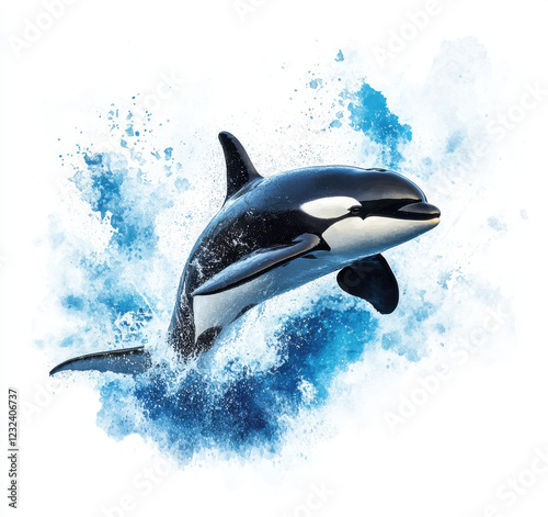 stunning orca breaching water, surrounded by splashes and waves, showcasing its majestic presence in ocean. This captures beauty and power of marine life