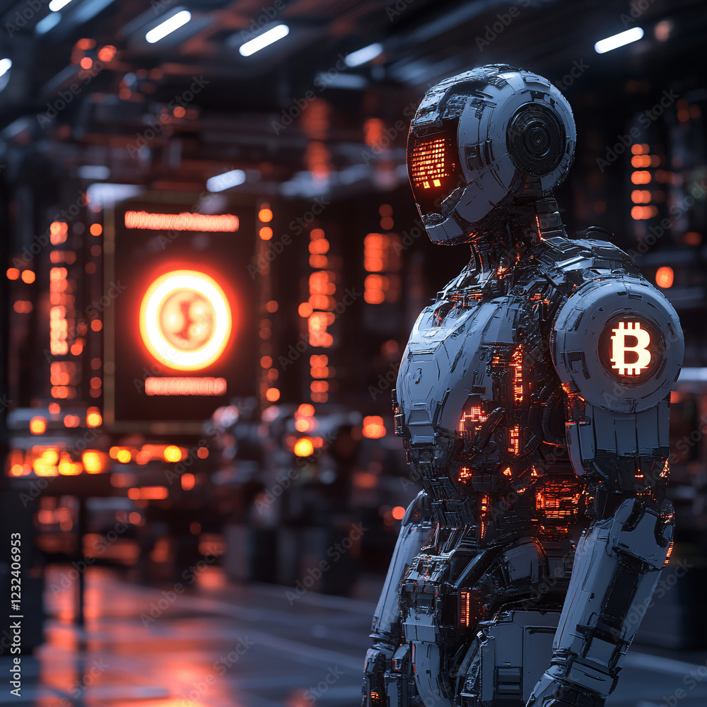 Robot standing in a room with neon sign illuminated in realistic photography Robot standing in a room with neon sign illuminated in realistic photography