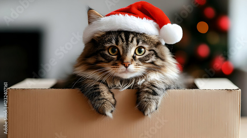 Fluffy Cat Wearing Santa Ha...