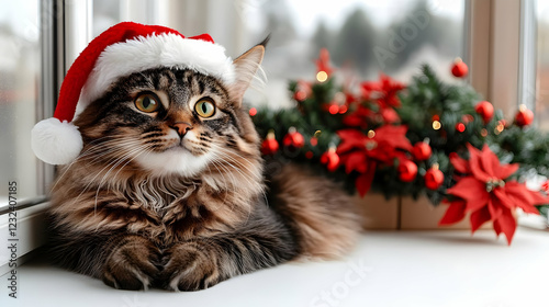 Fluffy Cat Wearing Santa Ha...