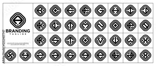 Flat line round square initial letter A-Z logo set