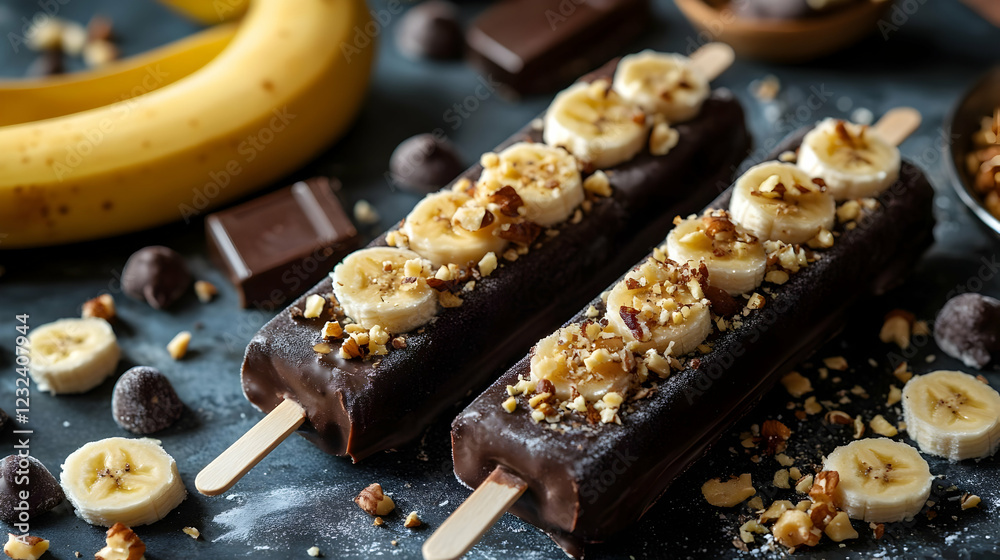 Chocolate-Covered Banana Pops Decorated with Sliced Bananas and Chopped Nuts on a Dark Surface Chocolate-Covered Banana Pops Decorated with Sliced Bananas and Chopped Nuts on a Dark Surface