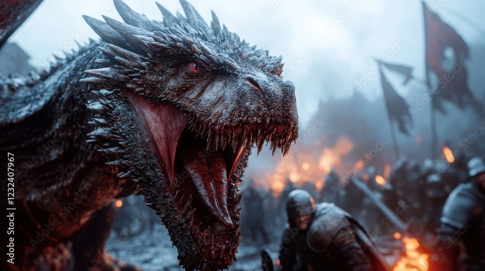 A majestic dragon roars amidst the chaos of battle, symbolizing mythological strength and the fierce struggle for supremacy in a medieval fantasy world. A majestic dragon roars amidst the chaos of battle, symbolizing mythological strength and the fierce struggle for supremacy in a medieval fantasy world.