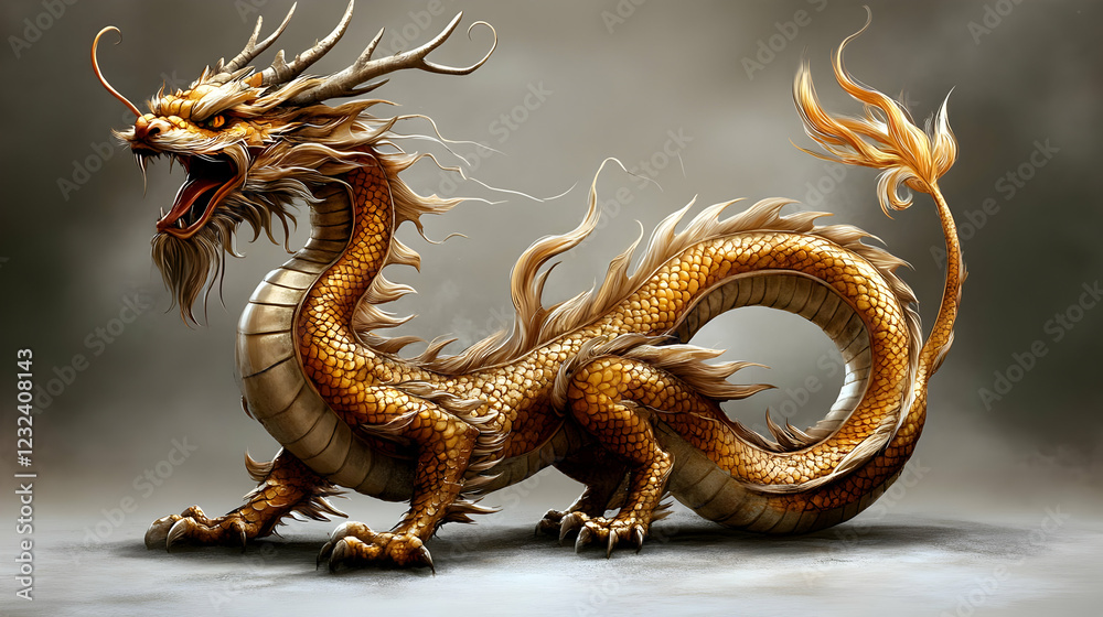 Fototapeta premium Golden Dragon Roars Fiercely with Antlers and Scales in a Mystical Illustration