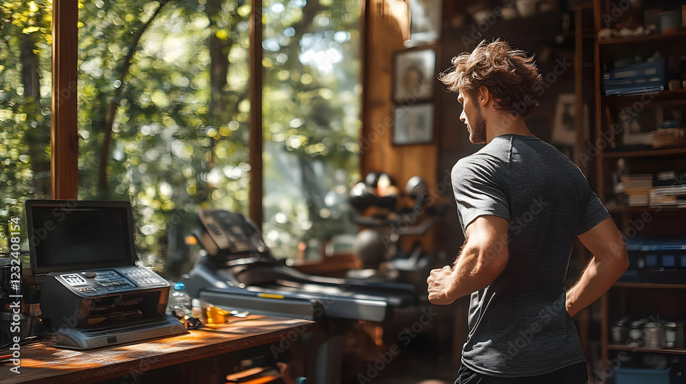 Man Runs on a Treadmill in a Home Gym with Natural Light Streaming Through the Window Man Runs on a Treadmill in a Home Gym with Natural Light Streaming Through the Window