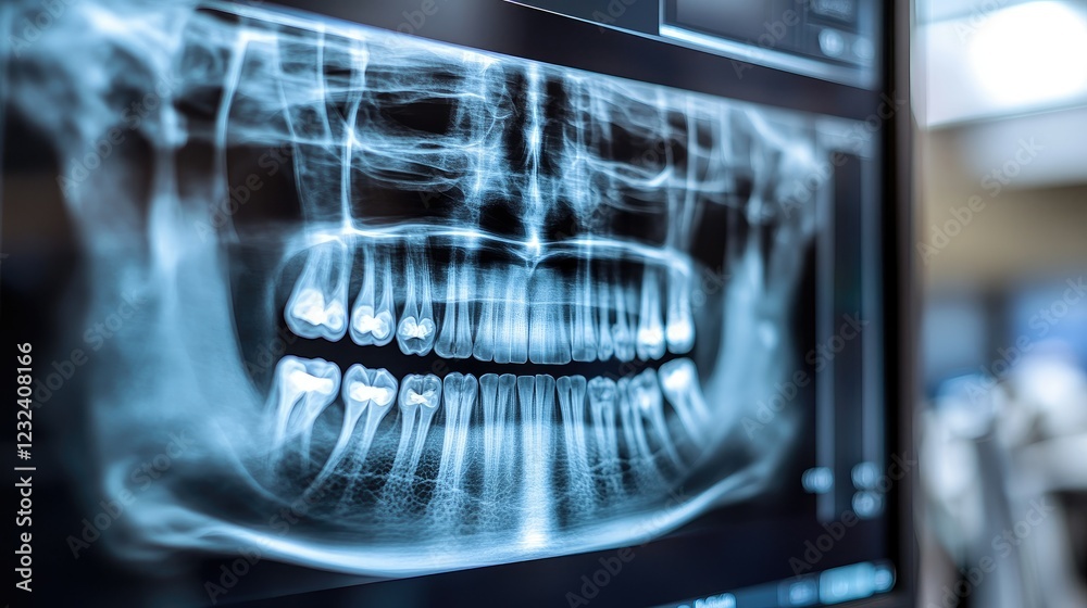 A close-up of a dental x-ray image showing a full set of teeth. A close-up of a dental x-ray image showing a full set of teeth.