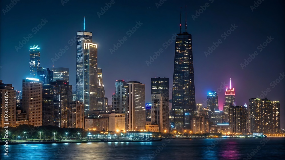 Fototapeta premium Chicago Skyline at Night: A Vibrant Metropolis Awaits
