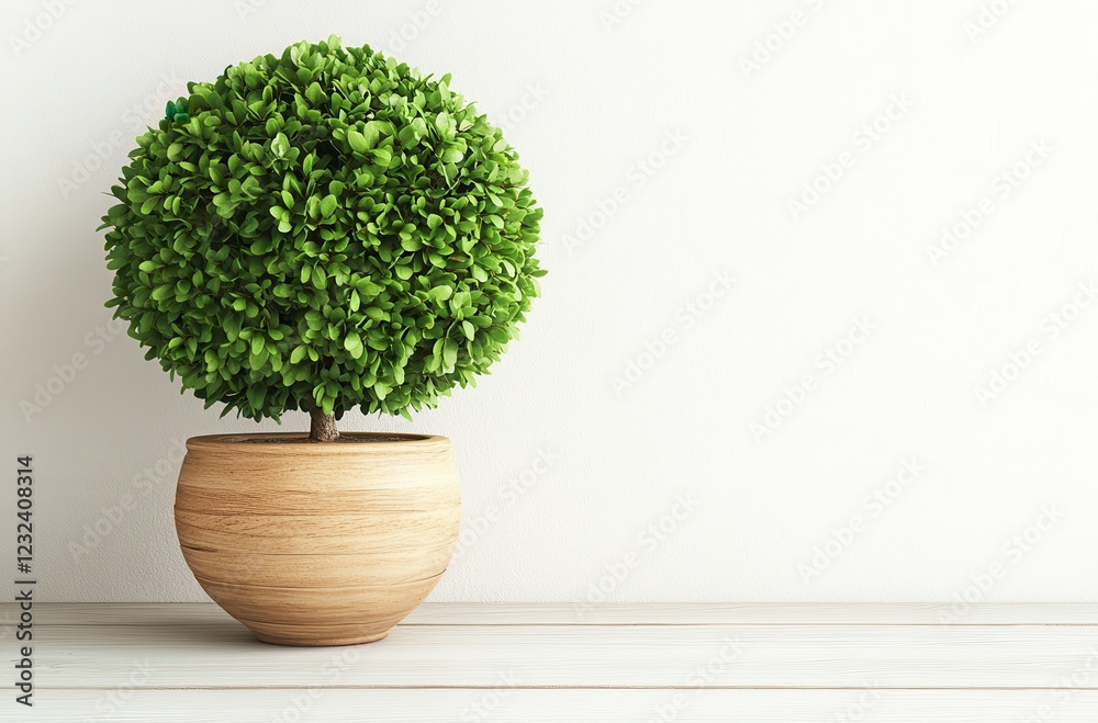 Fototapeta premium Lush green spherical plant in a light brown pot sits on a white wooden surface against a white wall. The image has a minimalist and serene feel