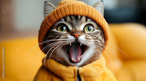 Adorable Cat Yawns in Match...