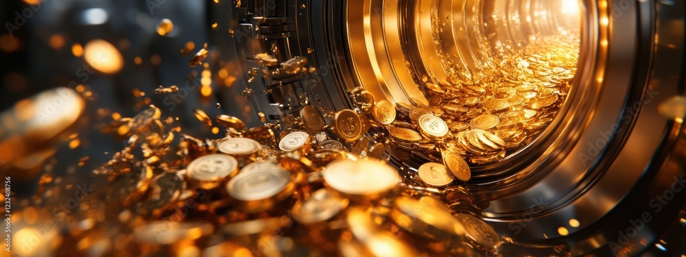 Golden Coins Flowing into Vault Wealth Finance Success Abundance Golden Coins Flowing into Vault Wealth Finance Success Abundance