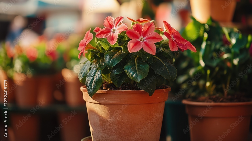 Vibrant Red Flowers in Terracotta Pot at Sunny Market Vibrant Red Flowers in Terracotta Pot at Sunny Market