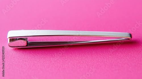 Professional accessory photography of a silver tie clip against a chic pink background