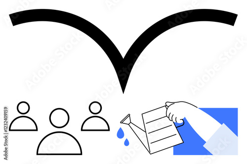 Hand pours water from a watering can, nurturing three people icons below protective curve. Ideal for teamwork, leadership, support, community, growth, development, abstract line flat metaphor