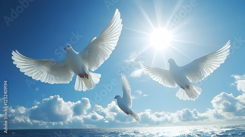 Three White Doves Soar Grac...