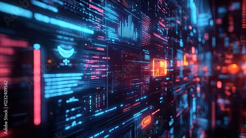 A futuristic digital interface with glowing blue and red data streams and a highlighted orange icon in the center.