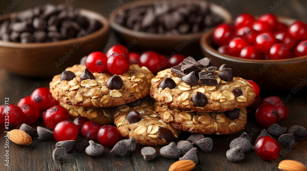 Fototapeta premium Oatmeal Cookies with Chocolate Chips, Cranberries, and Almonds on Rustic Wooden Table